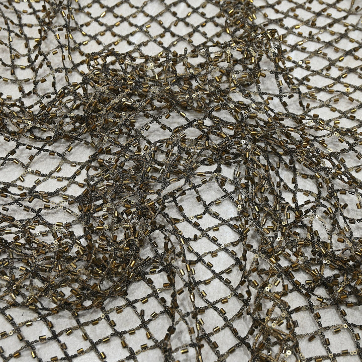 Luxury Antique Bronze Heavy Hand Beaded Net Fabric with Bugle Beads & Sequins | Designer Couture Fabric- 25151B-1