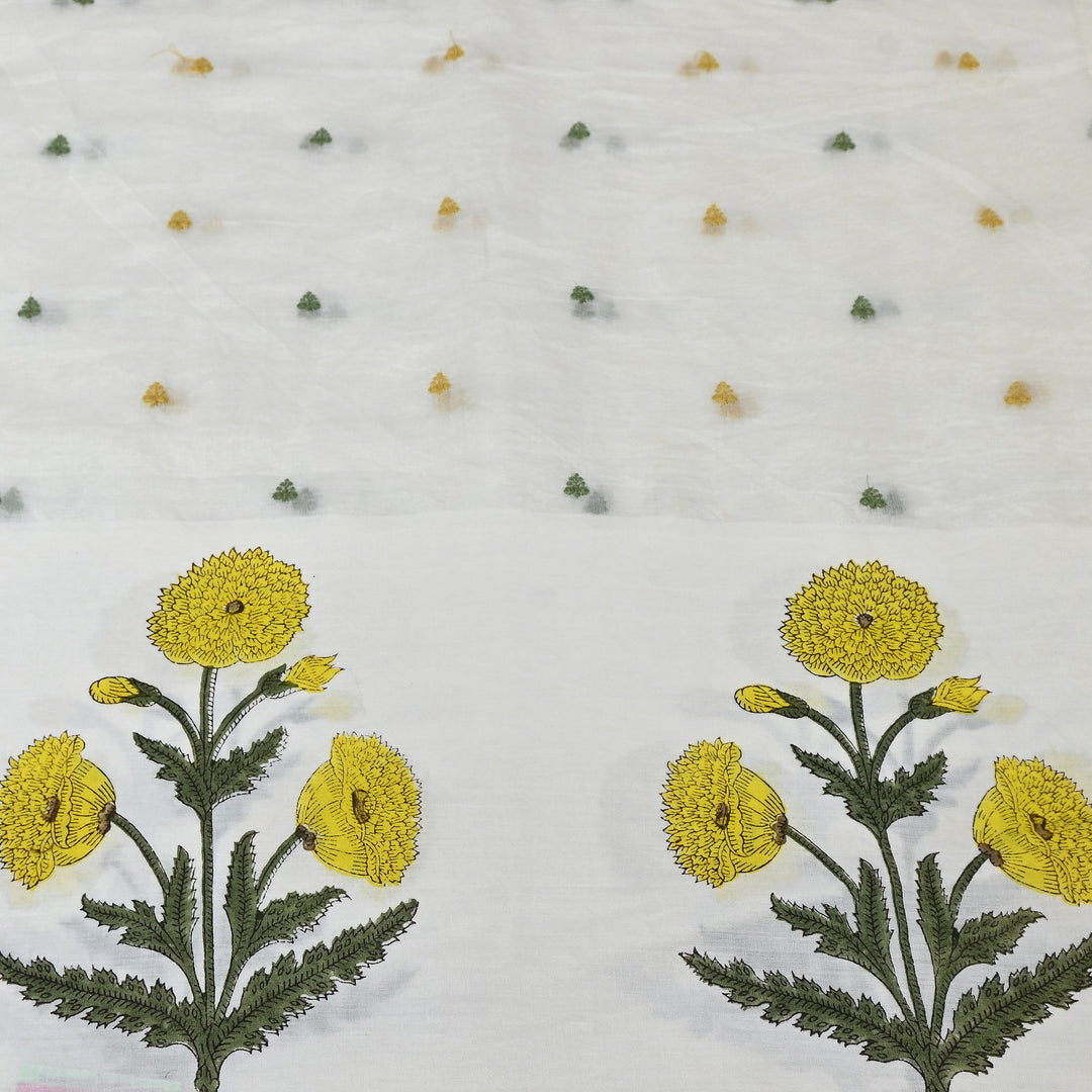 Elegant Kora Cotton Floral Border Print with Embroidery Fabric - Z18956-1