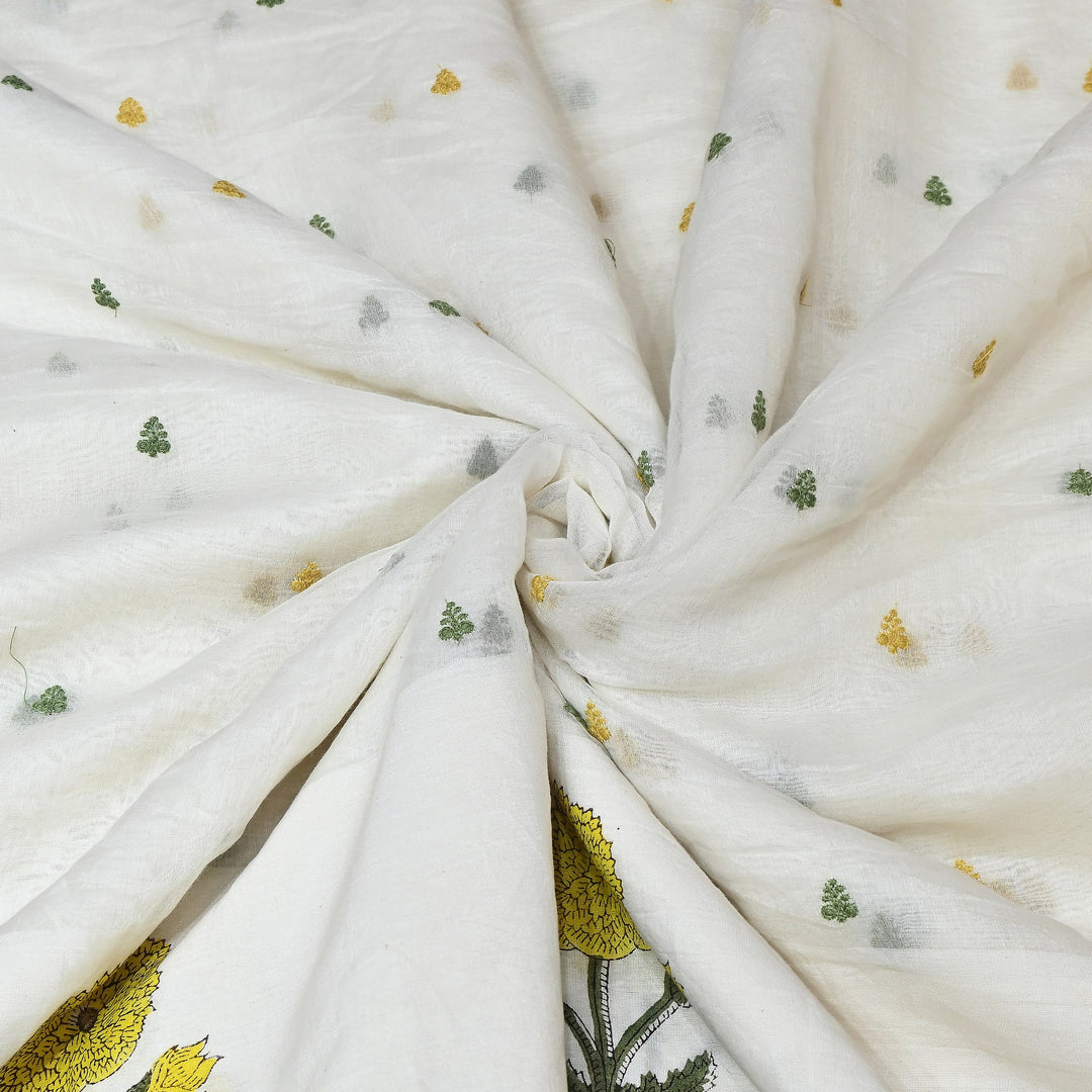Elegant Kora Cotton Floral Border Print with Embroidery Fabric - Z18956-1