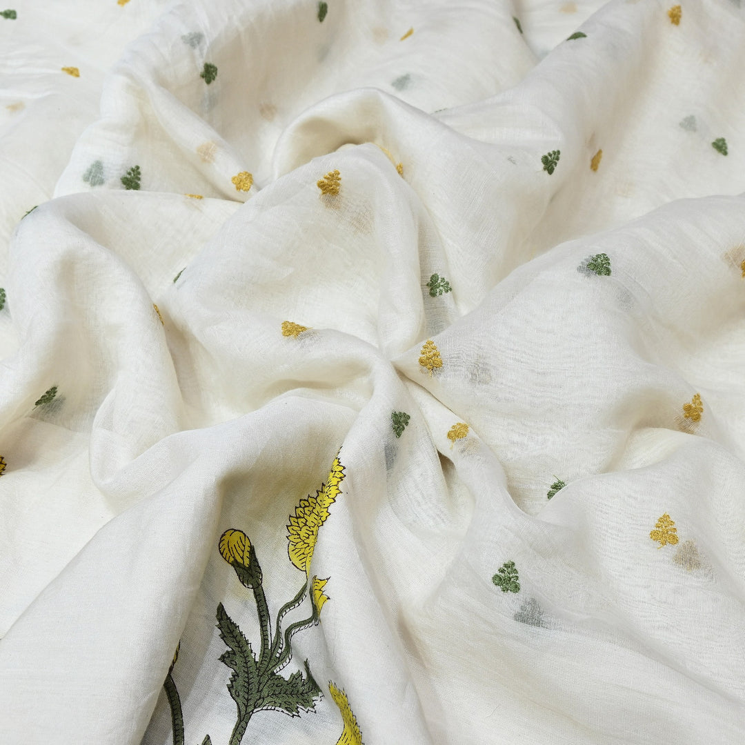 Elegant Kora Cotton Floral Border Print with Embroidery Fabric - Z18956-1