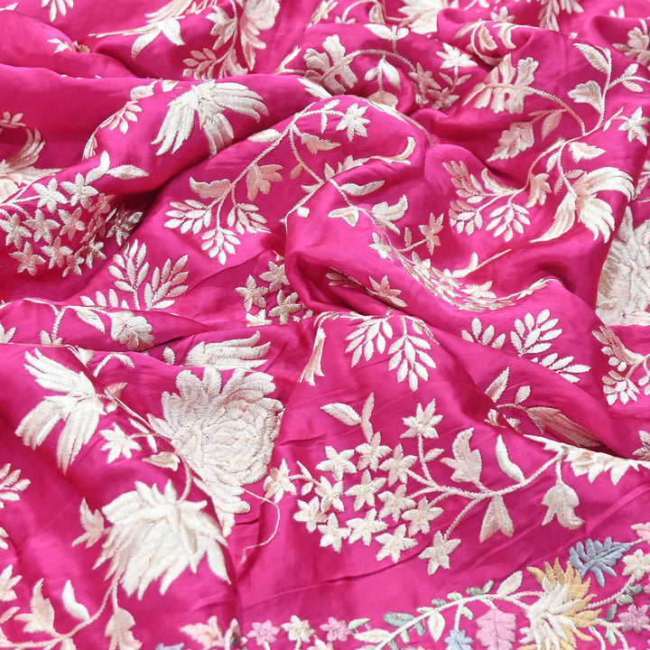 Modal Satin Parsi Embroidery Fabric 44" – Designer Floral Thread Work Fabric - F73498-1