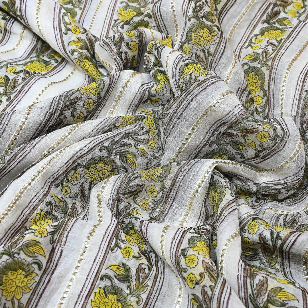 Floral Grace Mul Chanderi Gota Stripe Fabric – Designer Wear Fabric ZA0762-1