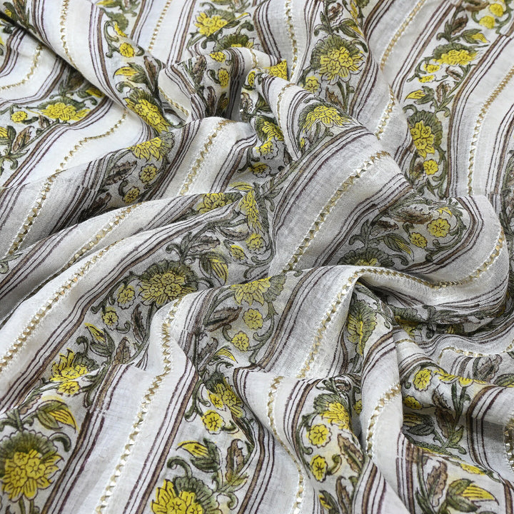 Floral Grace Mul Chanderi Gota Stripe Fabric – Designer Wear Fabric ZA0762-1