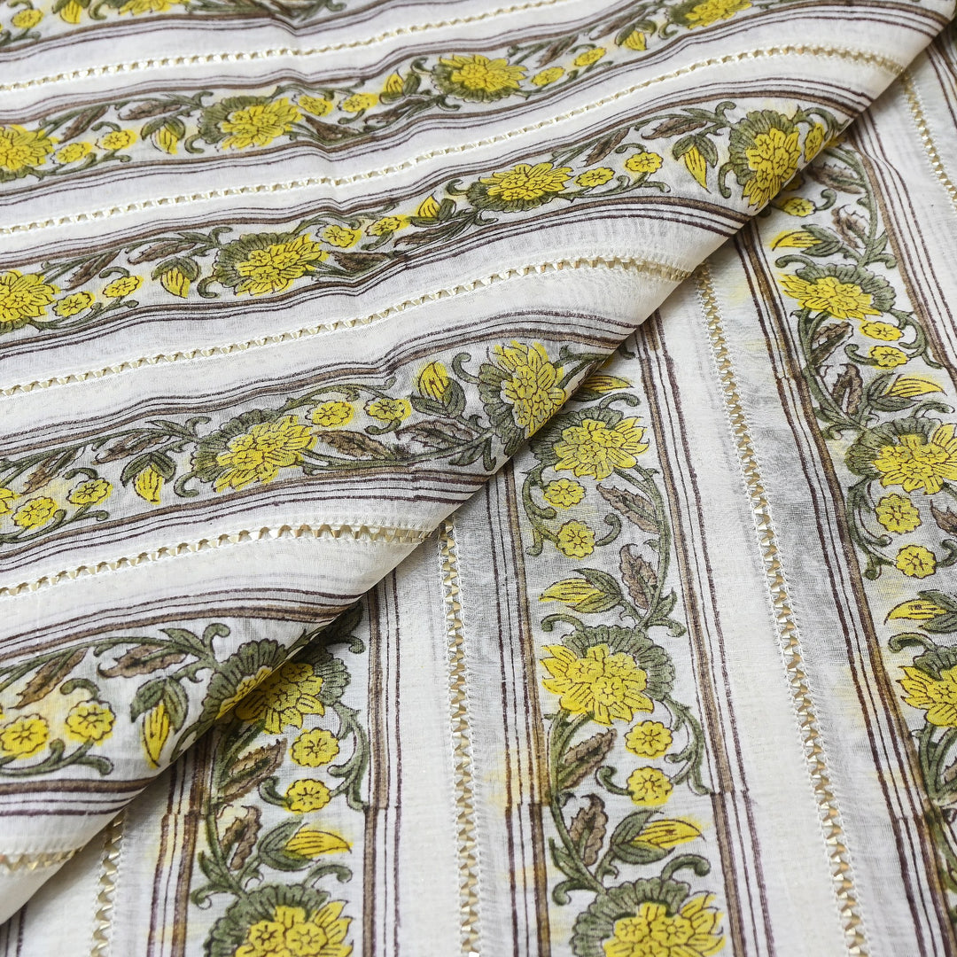 Floral Grace Mul Chanderi Gota Stripe Fabric – Designer Wear Fabric ZA0762-1