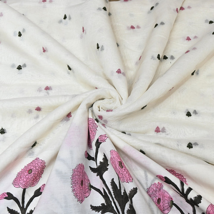 Elegant Kora Cotton Floral Border Print with Embroidery Fabric - Z18956-3