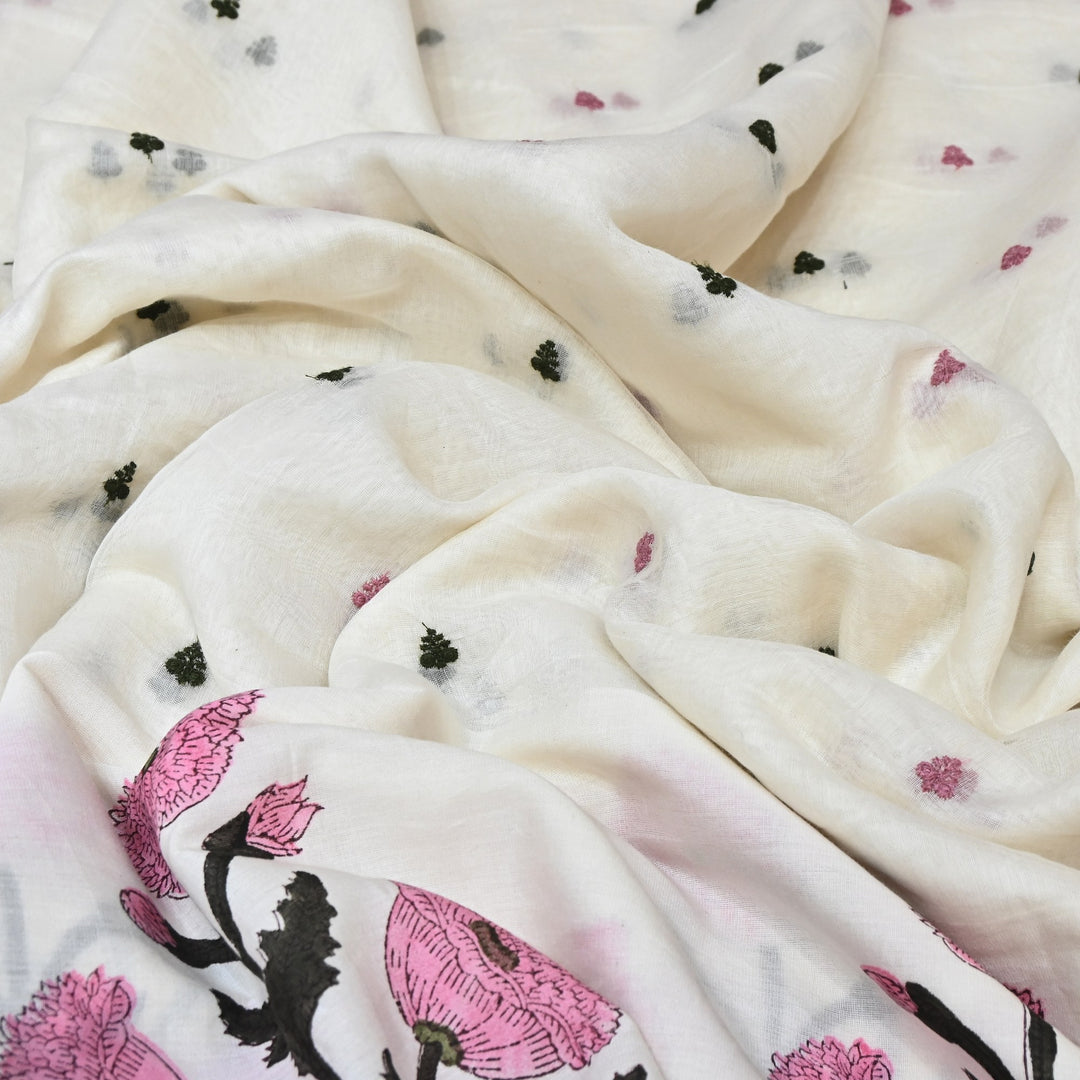 Elegant Kora Cotton Floral Border Print with Embroidery Fabric - Z18956-3