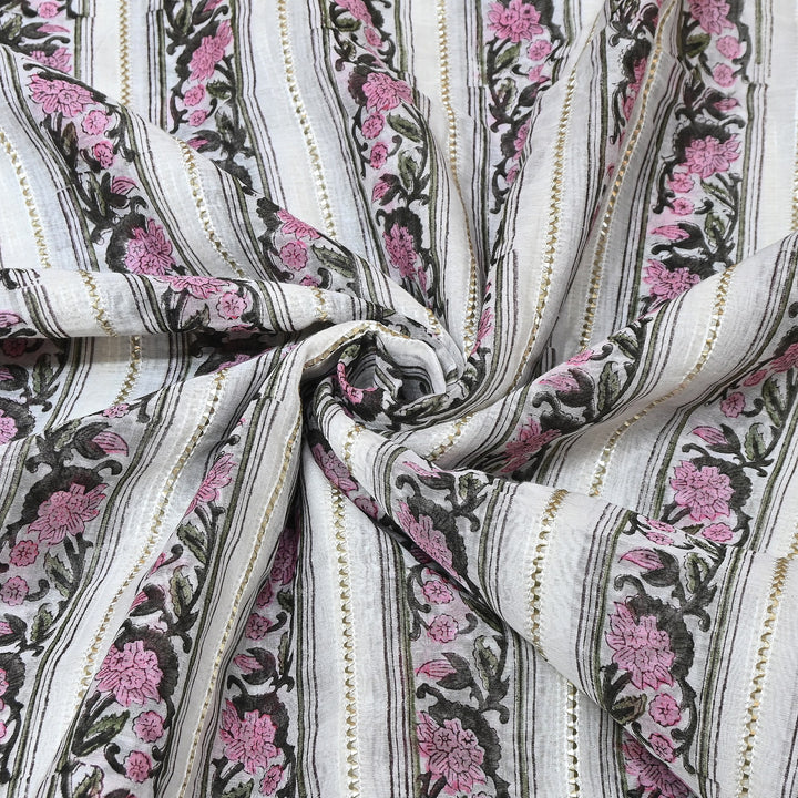 Floral Grace Mul Chanderi Gota Stripe Fabric – Designer Wear Fabric ZA0762-3