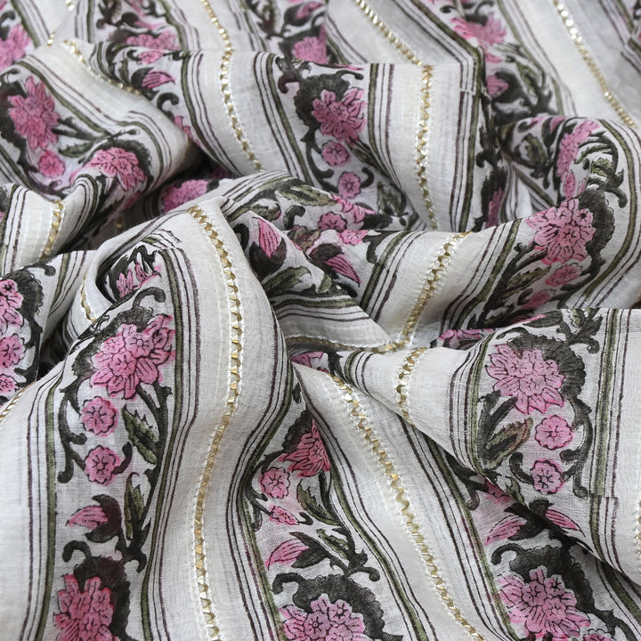 Floral Grace Mul Chanderi Gota Stripe Fabric – Designer Wear Fabric ZA0762-3
