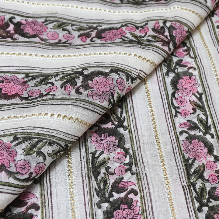 Floral Grace Mul Chanderi Gota Stripe Fabric – Designer Wear Fabric ZA0762-3