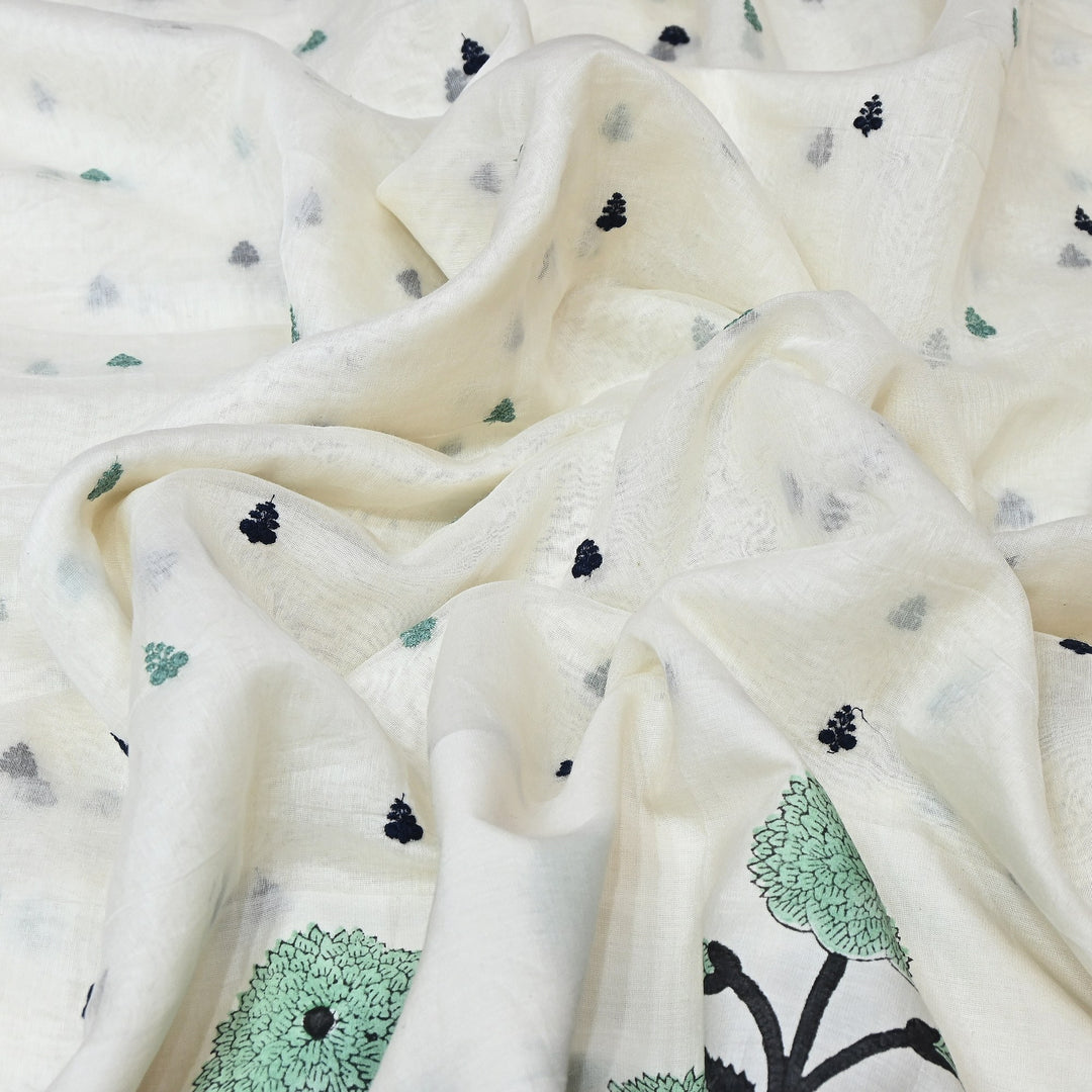 Elegant Kora Cotton Floral Border Print with Embroidery Fabric - Z18956-2