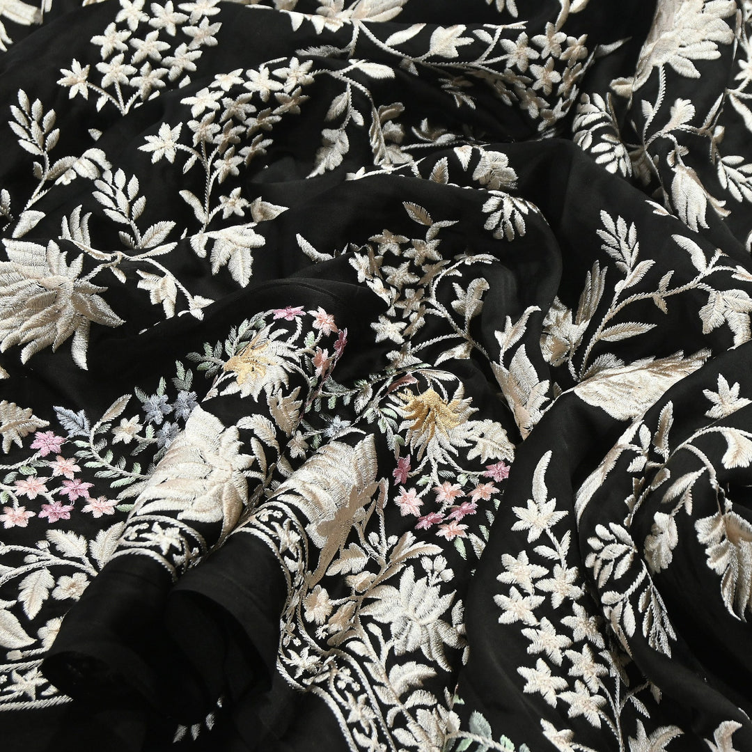 Modal Satin Parsi Embroidery Fabric 44" – Designer Floral Thread Work Fabric - F73498-6
