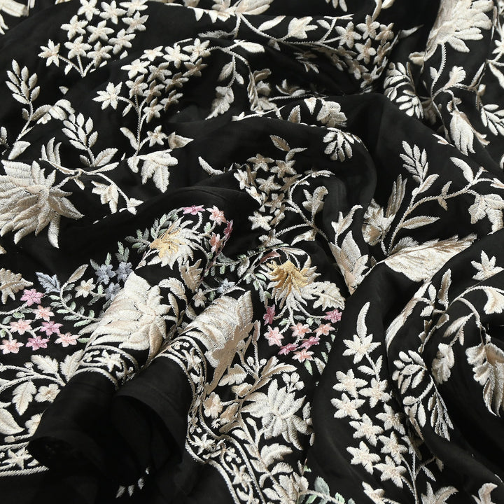 Modal Satin Parsi Embroidery Fabric 44" – Designer Floral Thread Work Fabric - F73498-6