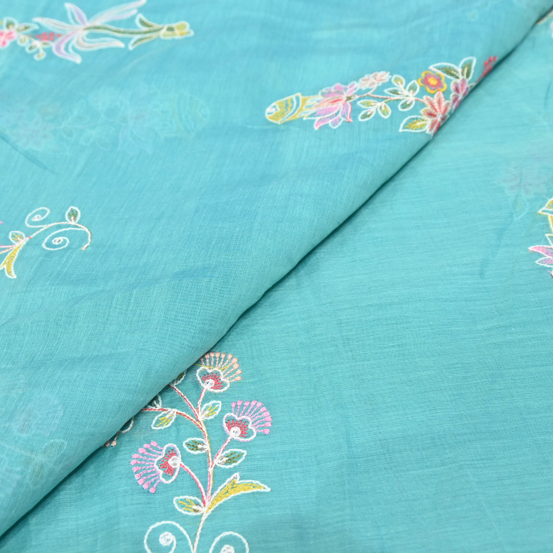 Sky Blue Mul Chanderi Fabric with Sequins Thread Embroidery