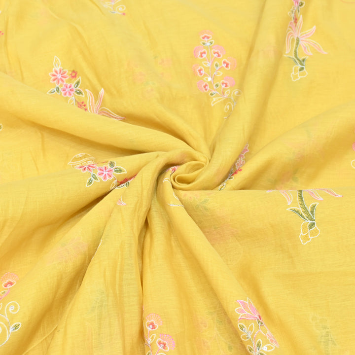 Yellow Mul Chanderi Fabric with Sequins Thread Embroidery