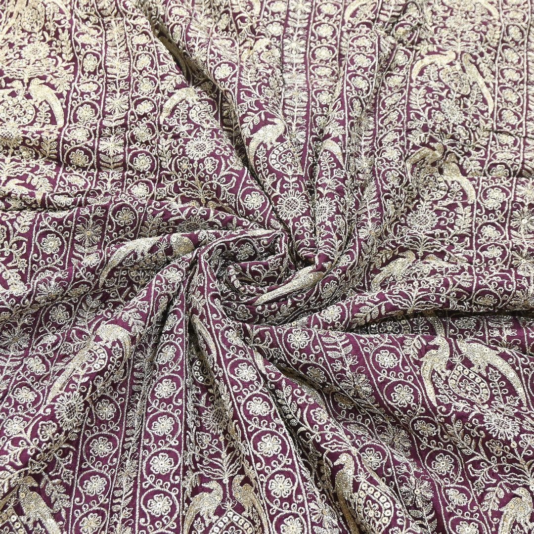 Premium Chinnon Zari & Sequins Embroidery Fabric | Designer Embroidered Chinnon Fabric-D29485-A1