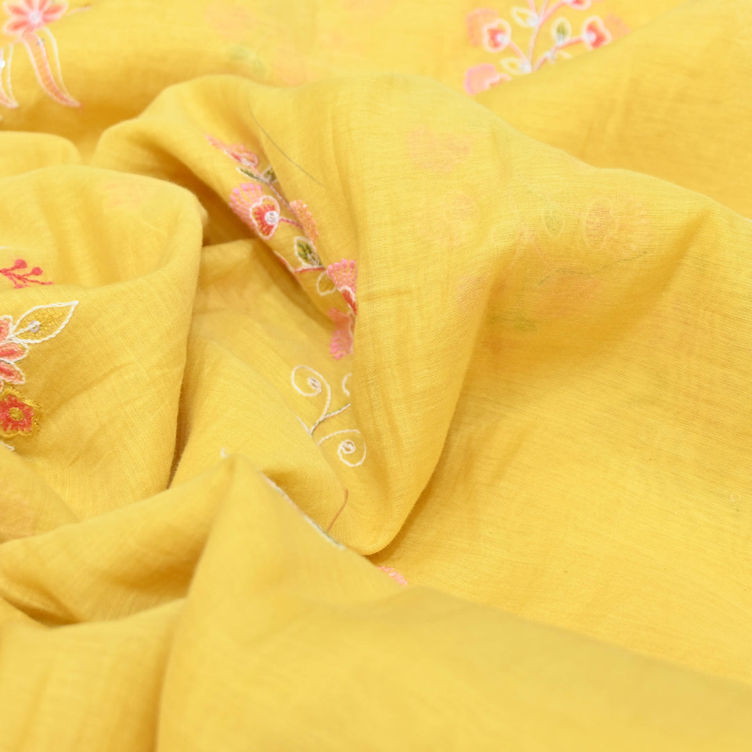Yellow Mul Chanderi Fabric with Sequins Thread Embroidery