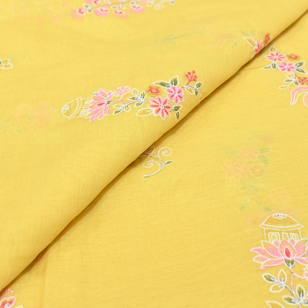 Yellow Mul Chanderi Fabric with Sequins Thread Embroidery