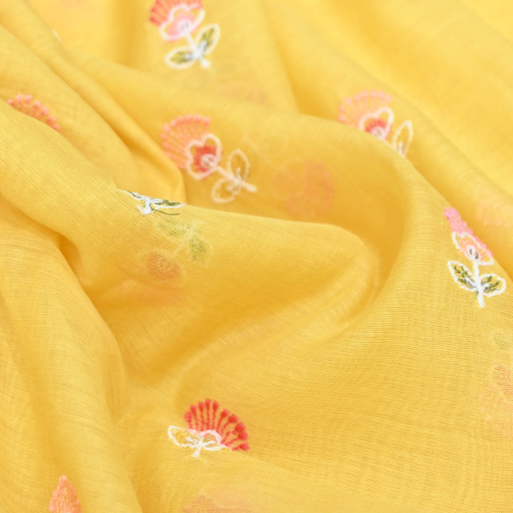 Yellow Mul Chanderi Fabric with Sequins Thread Embroidery
