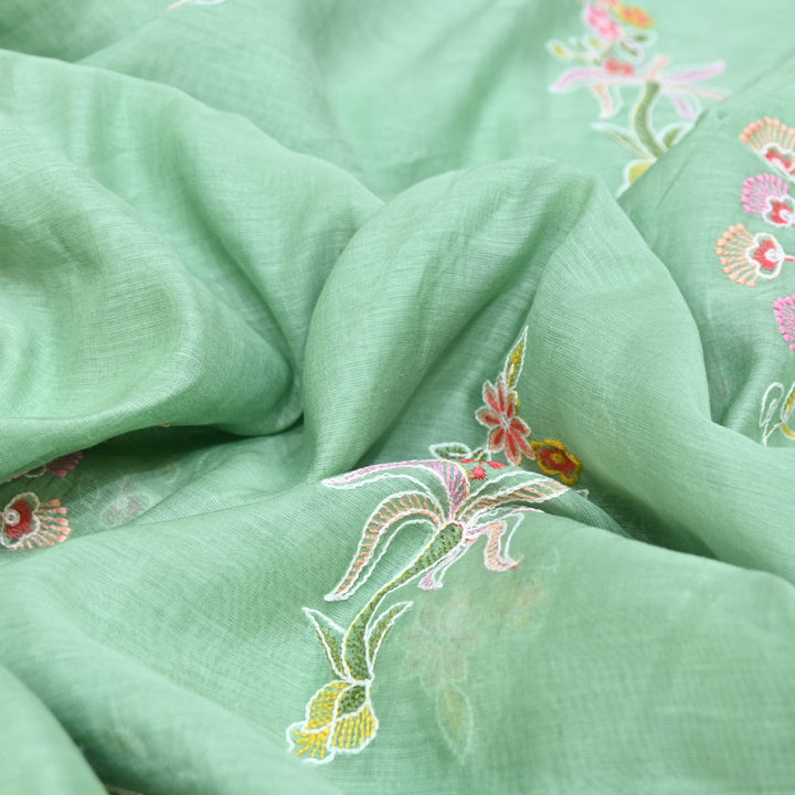 Mint Green Mul Chanderi Fabric with Sequins Thread Embroidery