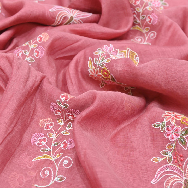 Onion Pink Mul Chanderi Fabric with Sequins Thread Embroidery