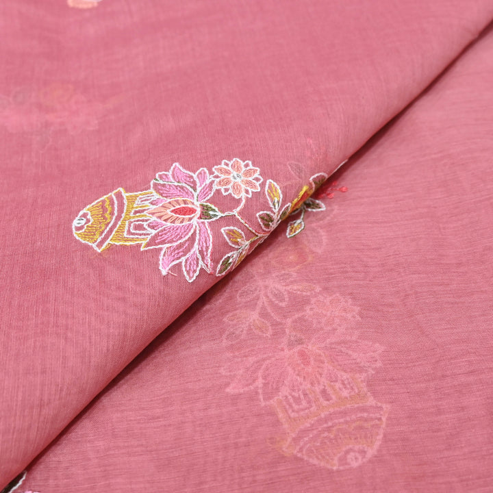 Onion Pink Mul Chanderi Fabric with Sequins Thread Embroidery