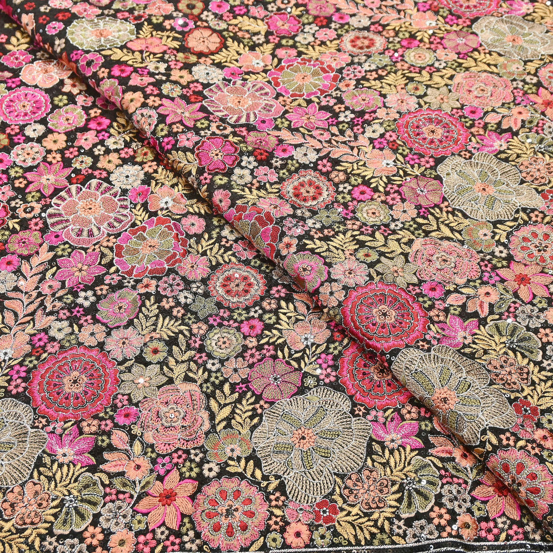 Premium Georgette Thread & Sequins Embroidery Fabric | Designer Embroidered Georgette fabric-D30096-A