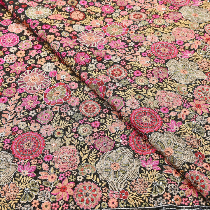 Premium Georgette Thread & Sequins Embroidery Fabric | Designer Embroidered Georgette fabric-D30096-A