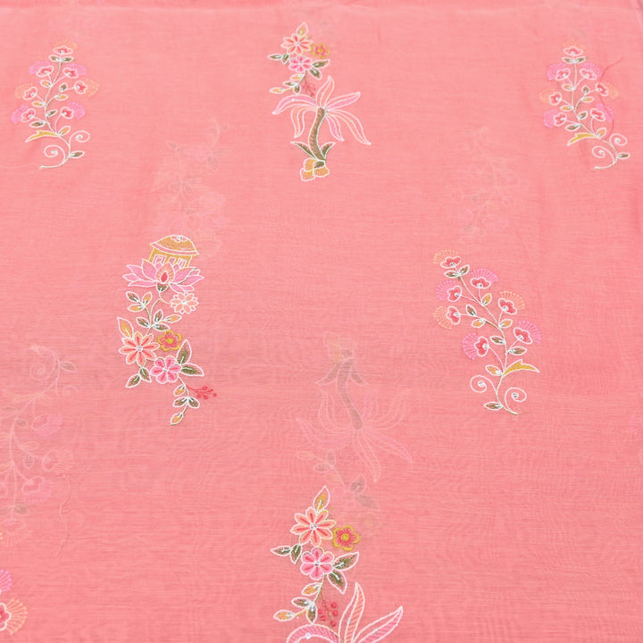 Coral Pink Mul Chanderi Fabric with Sequins Thread Embroidery