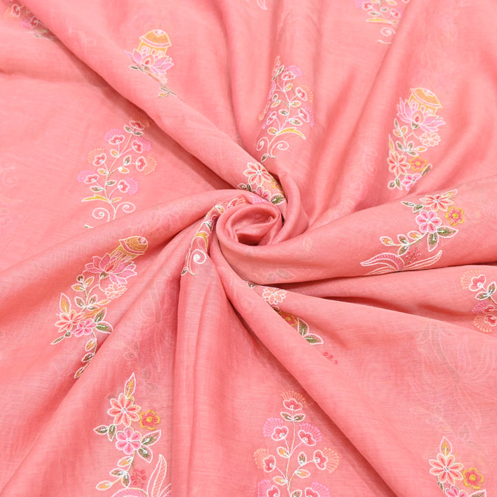 Coral Pink Mul Chanderi Fabric with Sequins Thread Embroidery