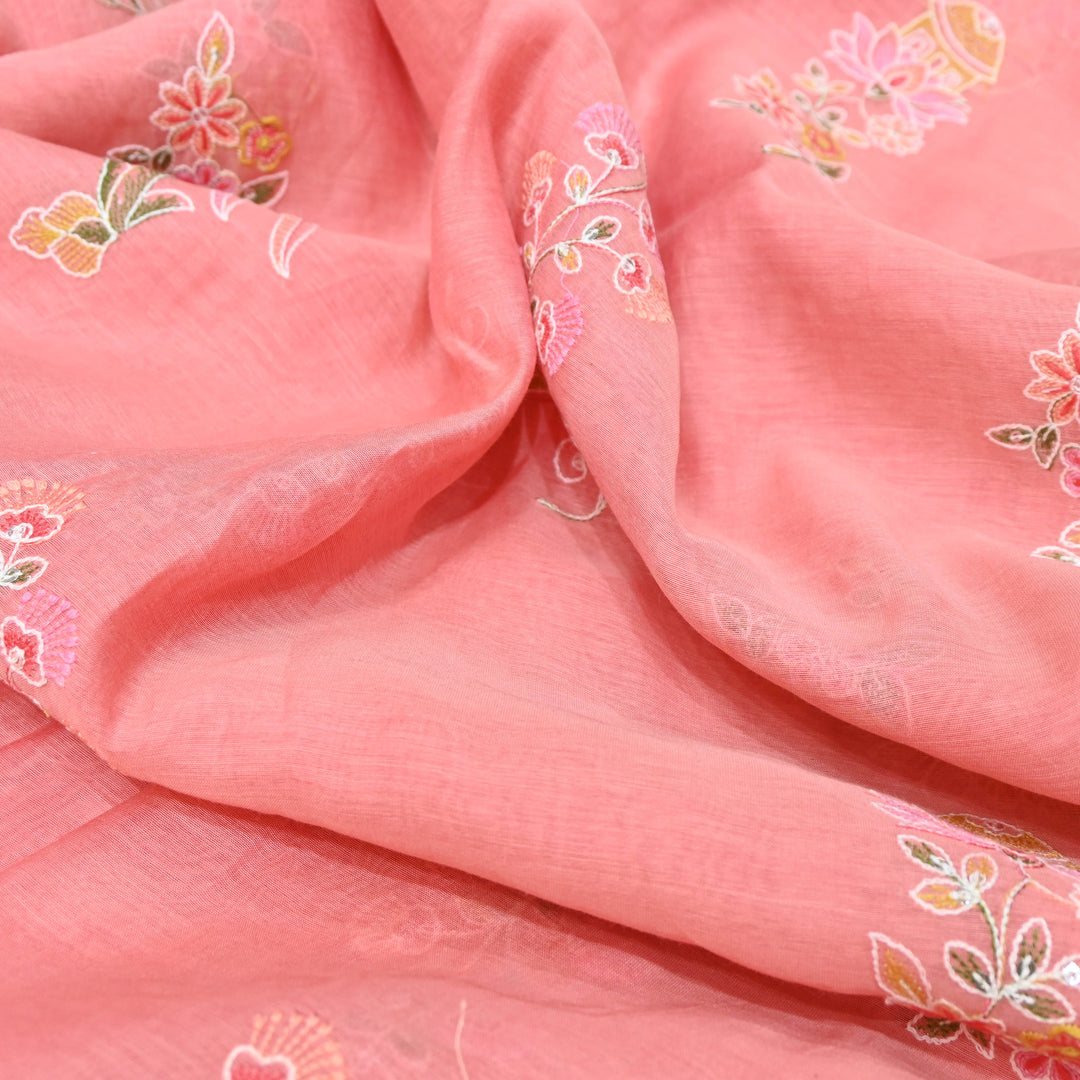 Coral Pink Mul Chanderi Fabric with Sequins Thread Embroidery