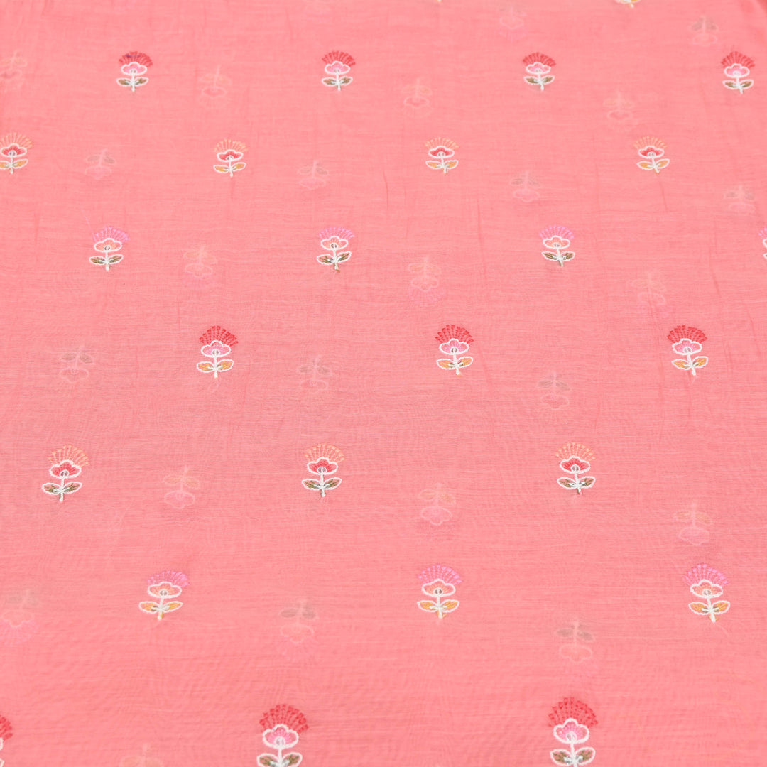 Coral Pink Mul Chanderi Fabric with Sequins Thread Embroidery