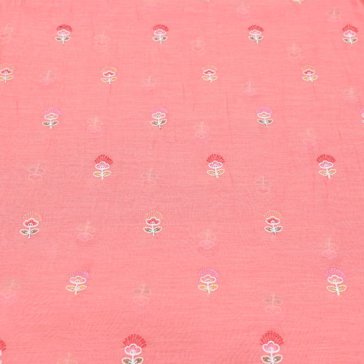 Coral Pink Mul Chanderi Fabric with Sequins Thread Embroidery