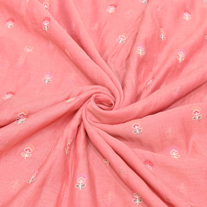 Coral Pink Mul Chanderi Fabric with Sequins Thread Embroidery