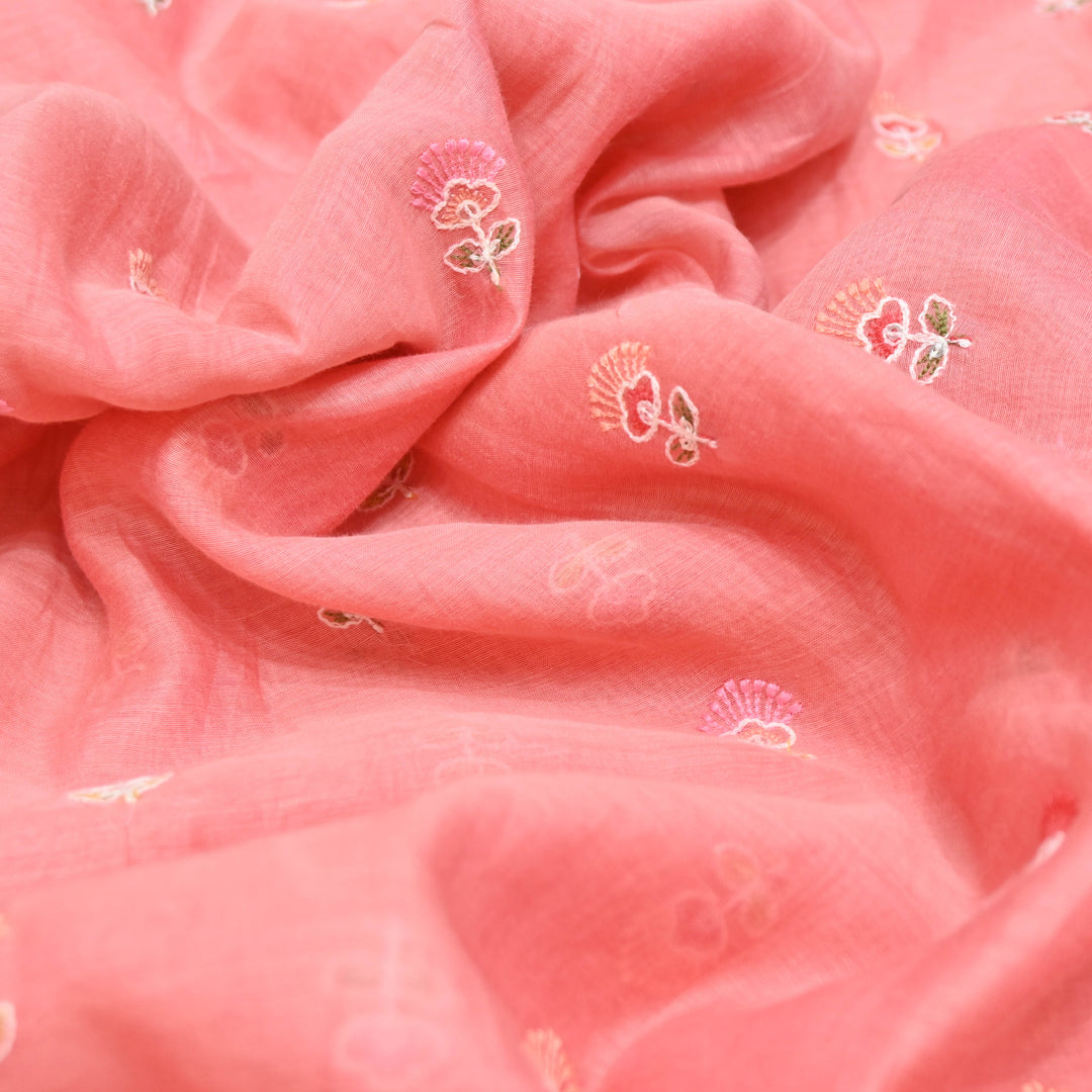 Coral Pink Mul Chanderi Fabric with Sequins Thread Embroidery