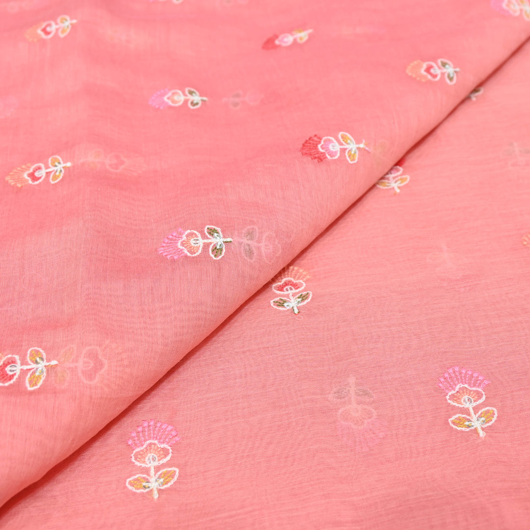 Coral Pink Mul Chanderi Fabric with Sequins Thread Embroidery