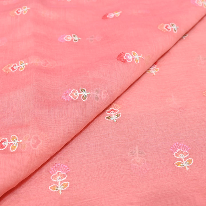 Coral Pink Mul Chanderi Fabric with Sequins Thread Embroidery