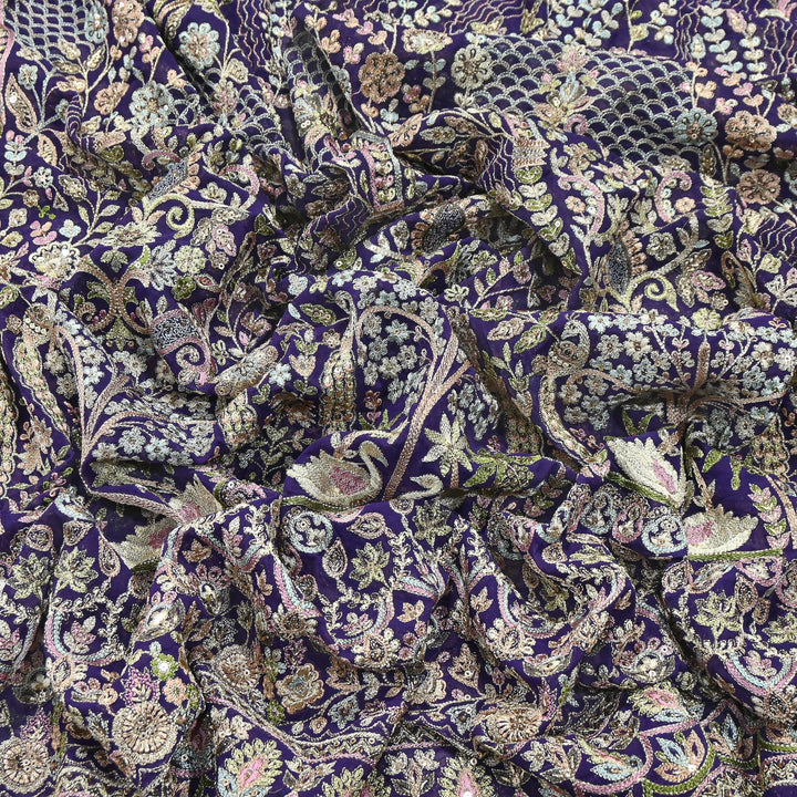 Premium Georgette Thread & Sequins Embroidery Fabric | Designer Embroidered Georgette fabric-D30722-2