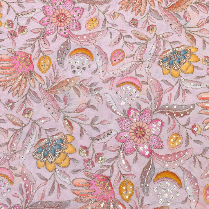 Glass Organza Print Zari With Sequins Embroidery Fabrics