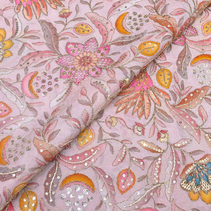 Glass Organza Print Zari With Sequins Embroidery Fabrics