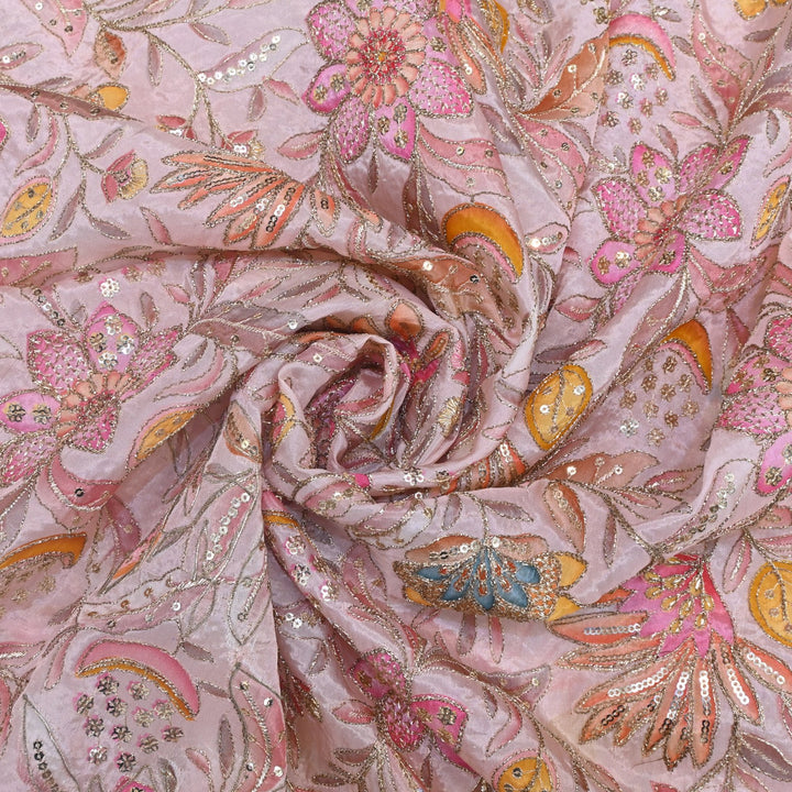 Glass Organza Print Zari With Sequins Embroidery Fabrics
