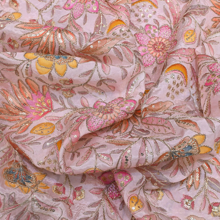 Glass Organza Print Zari With Sequins Embroidery Fabrics
