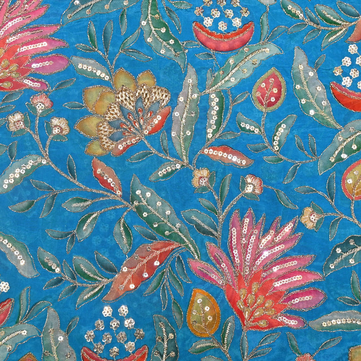 Glass Organza Print Zari With Sequins Embroidery Fabrics