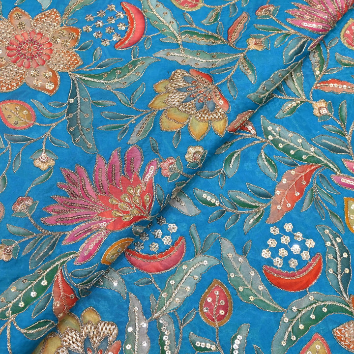 Glass Organza Print Zari With Sequins Embroidery Fabrics