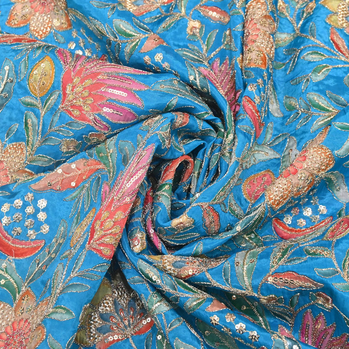 Glass Organza Print Zari With Sequins Embroidery Fabrics