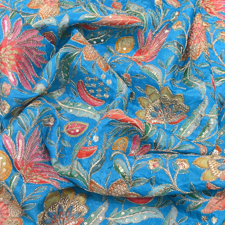 Glass Organza Print Zari With Sequins Embroidery Fabrics