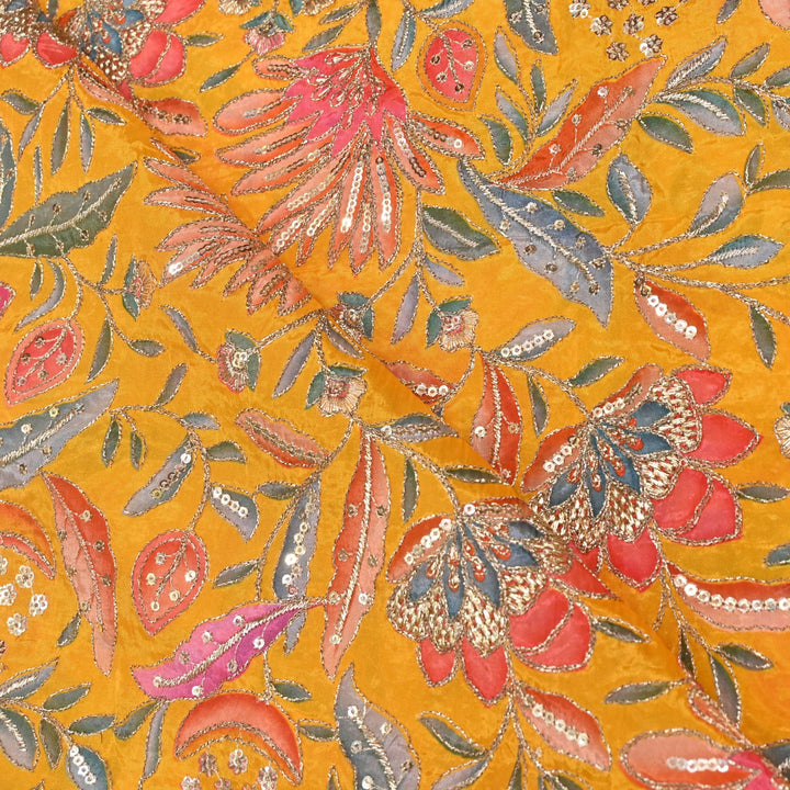 Glass Organza Print Zari With Sequins Embroidery Fabrics