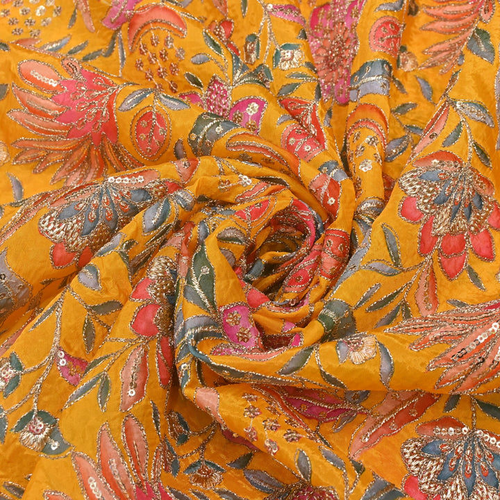 Glass Organza Print Zari With Sequins Embroidery Fabrics