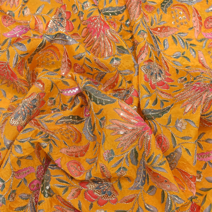 Glass Organza Print Zari With Sequins Embroidery Fabrics