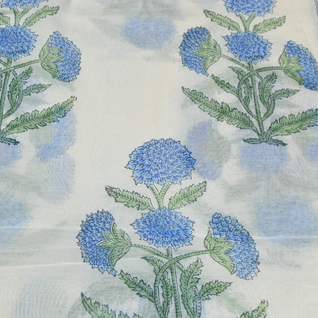 White Silk Chanderi Fabric with Marigold Motif Print