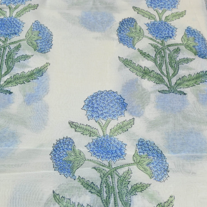 White Silk Chanderi Fabric with Marigold Motif Print